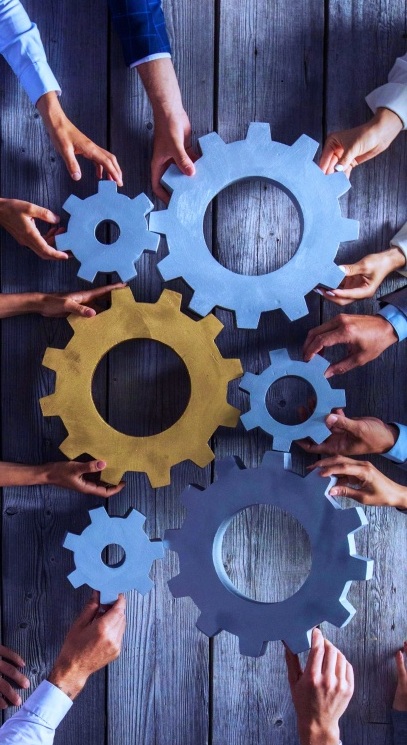 Home business people joining gears
